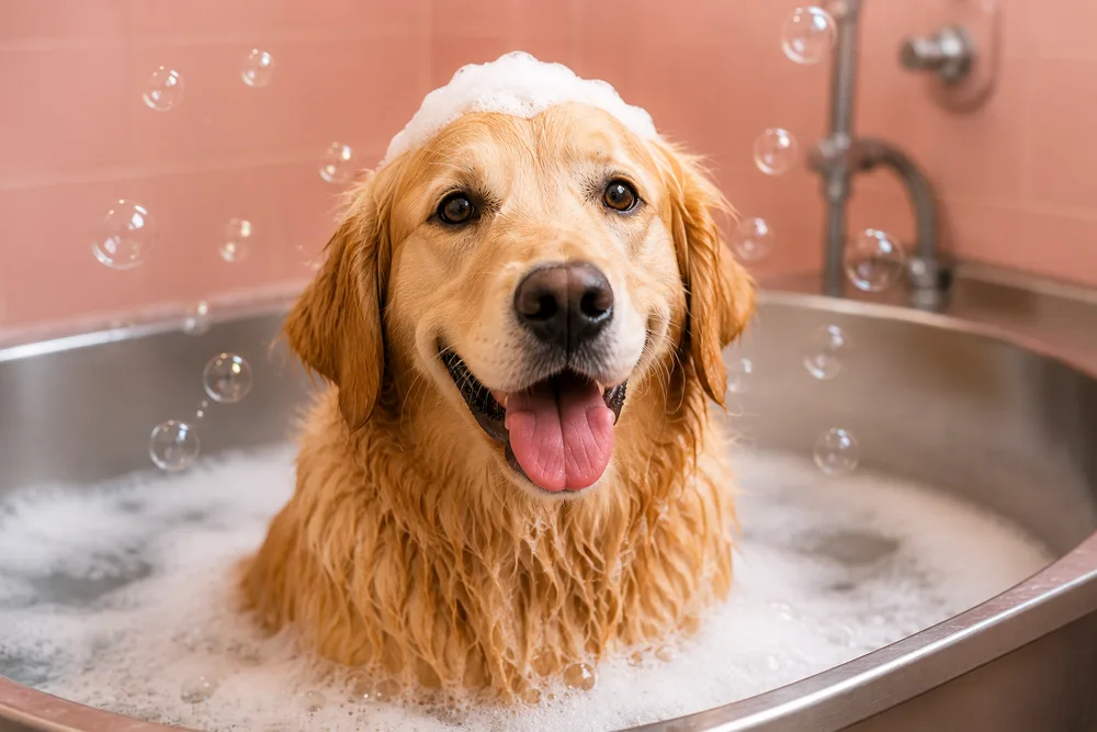 Cão golden retriever no banho, com espuma na cabeça