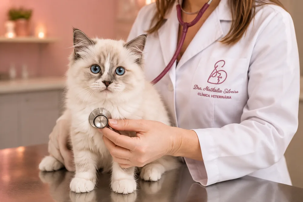 Gato branco de olhos azuis sendo auscultado pela veterinária