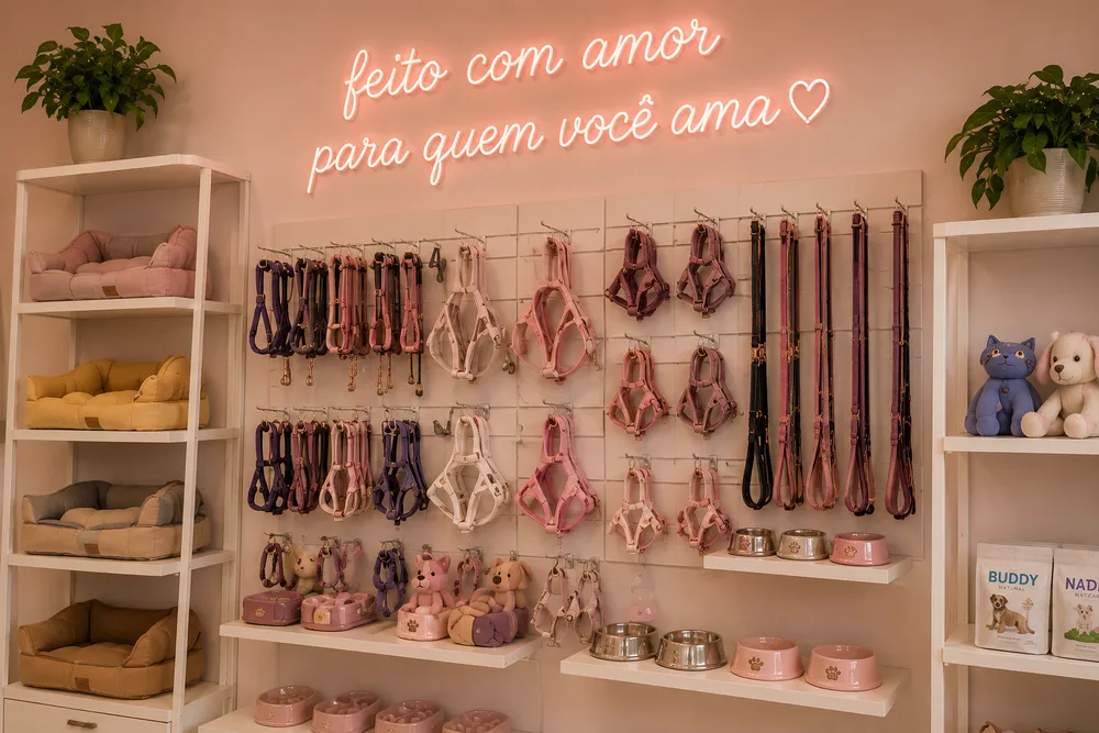 Parede do pet shop com coleiras, caminhas e o letreiro feito com amor para quem você ama