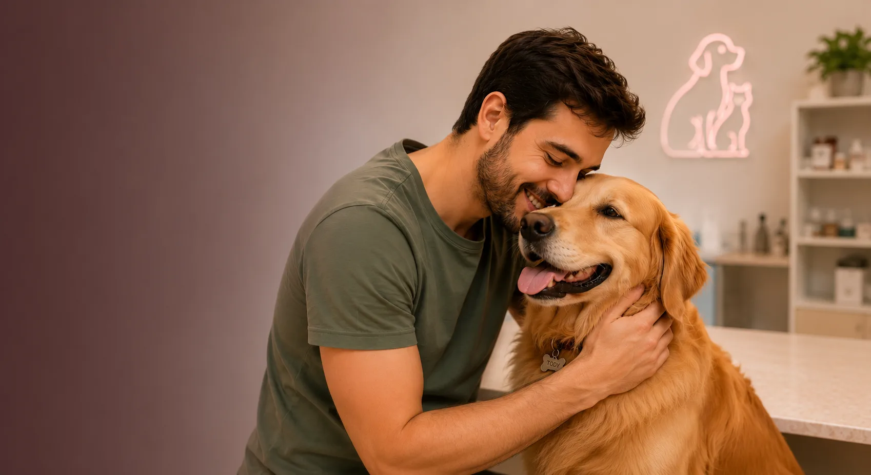Tutor abraçado com seu cão dentro da clínica