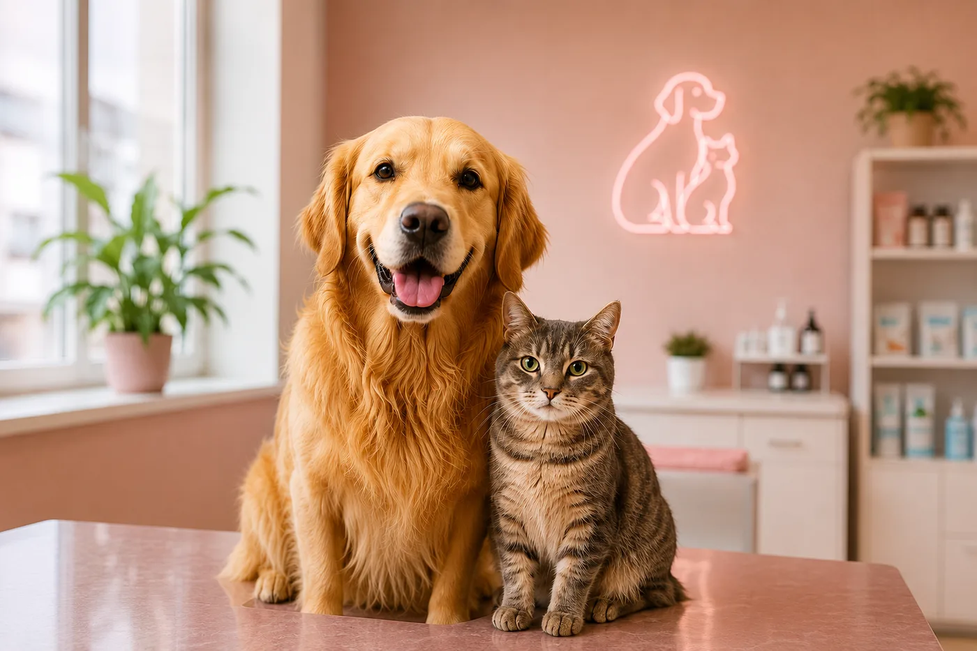 Cão golden retriever e gato sentados lado a lado no balcão da clínica